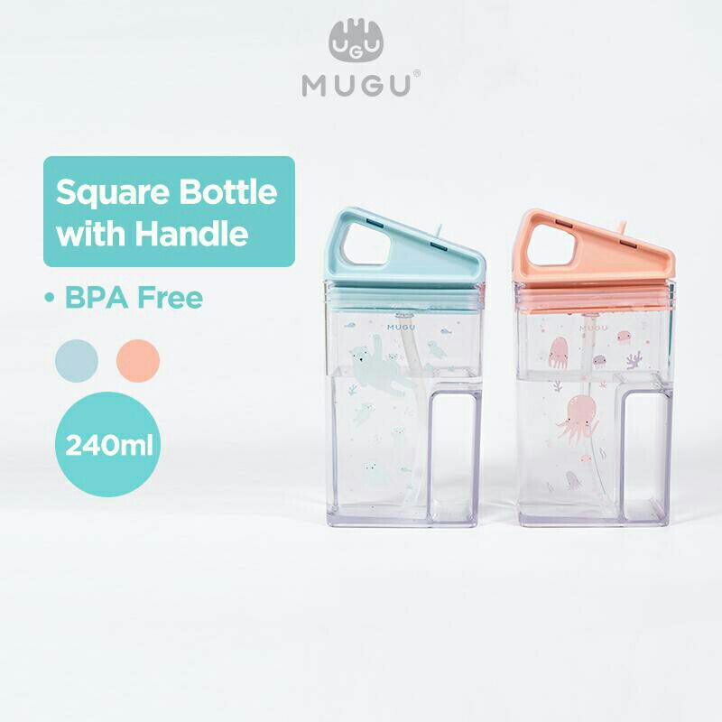 MUGU SQUARE STRAW BOTTLE WITH HANDLE 240 ML / 320 ML ( BOTOL MINUM ANAK)