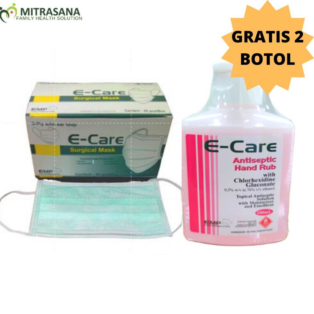 Paket Masker e-care EAR LOOP TALI KARET 50 pcs + 2 botol E-care 100 ml