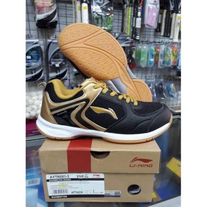 NEW SEPATU BADMINTON LINING ATTACK - BLACK/GOLD - DEWASA DAN JUNIOR -