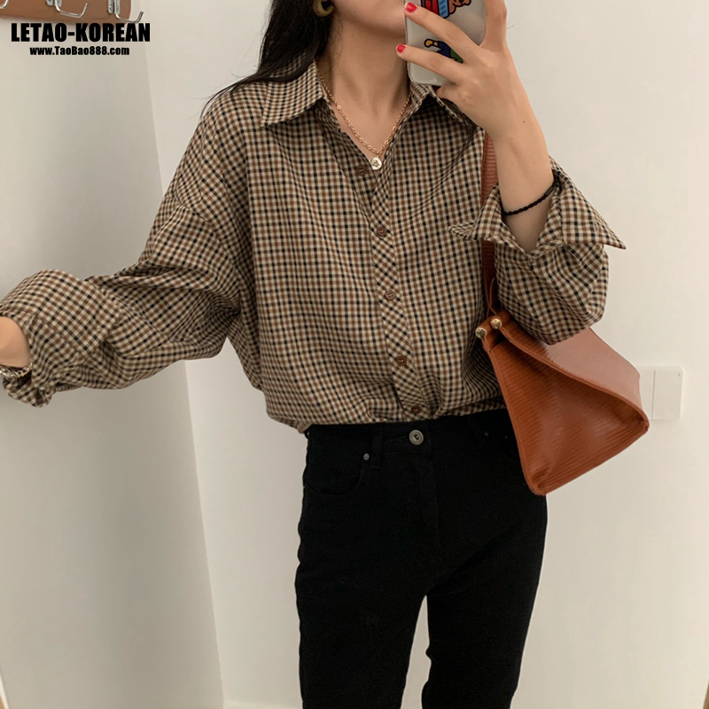 yikoo-Oversize kemeja / shirt atasan kotak-kotak wanita retro top big size