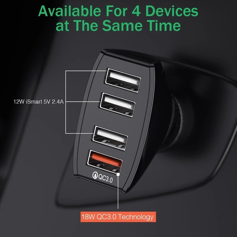 1 Pcs 4 Ports Car Charger USB 3.0 Fast Charging Sub-Device Charging Adapter