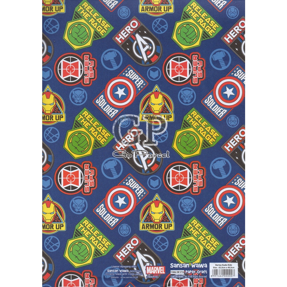 ( 5 Lembar ) AVENGERS SANWA - KERTAS KADO HEROES - GIFT WRAP PAPER SANSAN WAWA AVENGER SUPERHEROES / IRONMAN / CAPTAIN AMERICA / HULK / SUPERHERO / THOR / BLACK WIDOW / BLACK PANTHER