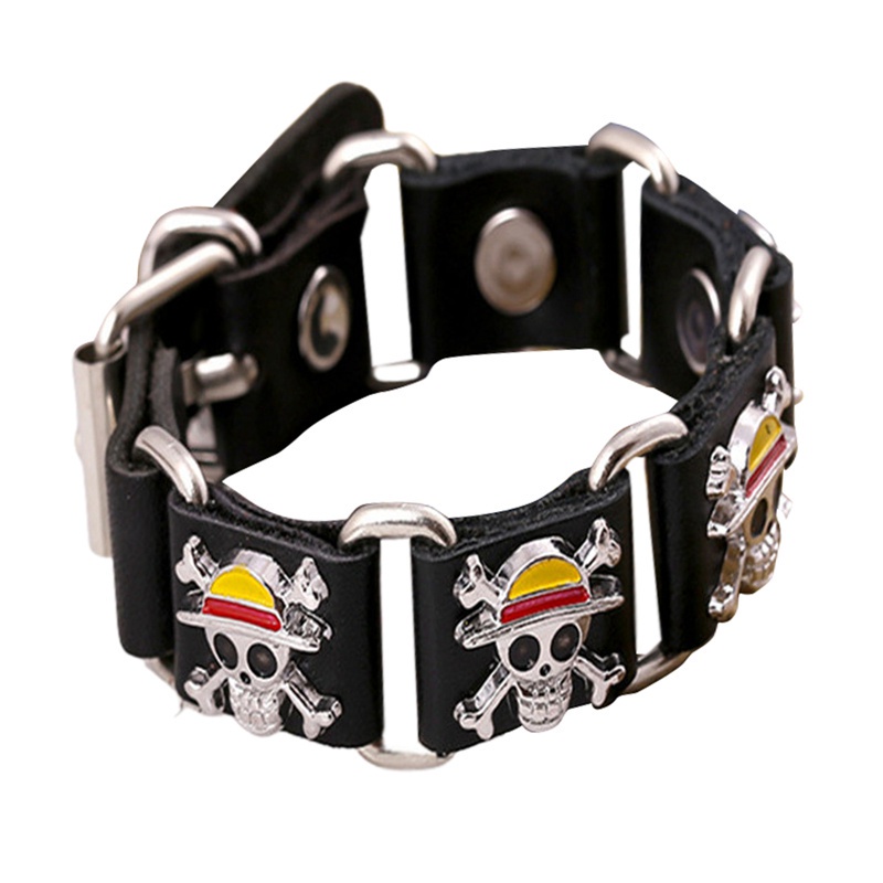 Japan Anime One Piece Luffy Pirate Logo Leather Bracelet Cosplay Punk Rock Sign Metal Men Bangle Goth Jewelry Bracelets Gifts