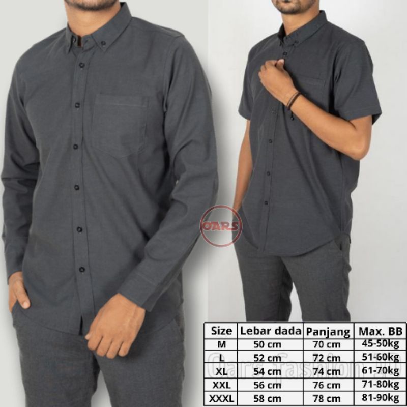 Oars.ID kemeja abu tua darkgrey polos lengan panjang dan lengan pendek pria - kemeja pria abu tua jumbo casual