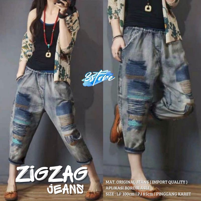 CELANA JEANS WANITA PINGGANG KARET // ZIGZAG JEANS MOTIF BORDIR PREMIUM