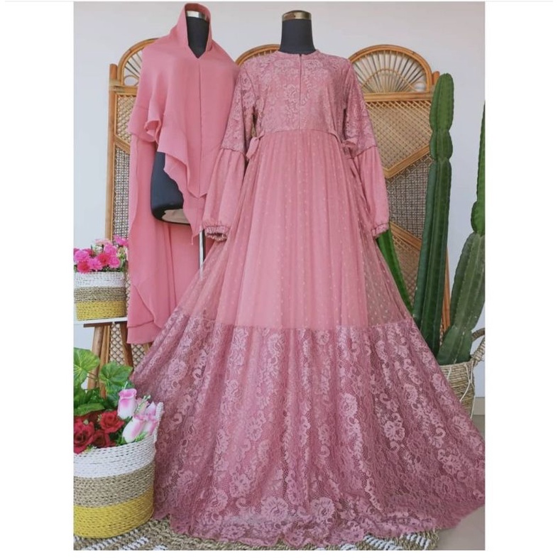 SET GAMIS KHIMAR MEWAH TILE MIX BROKAT DUSTY PINK