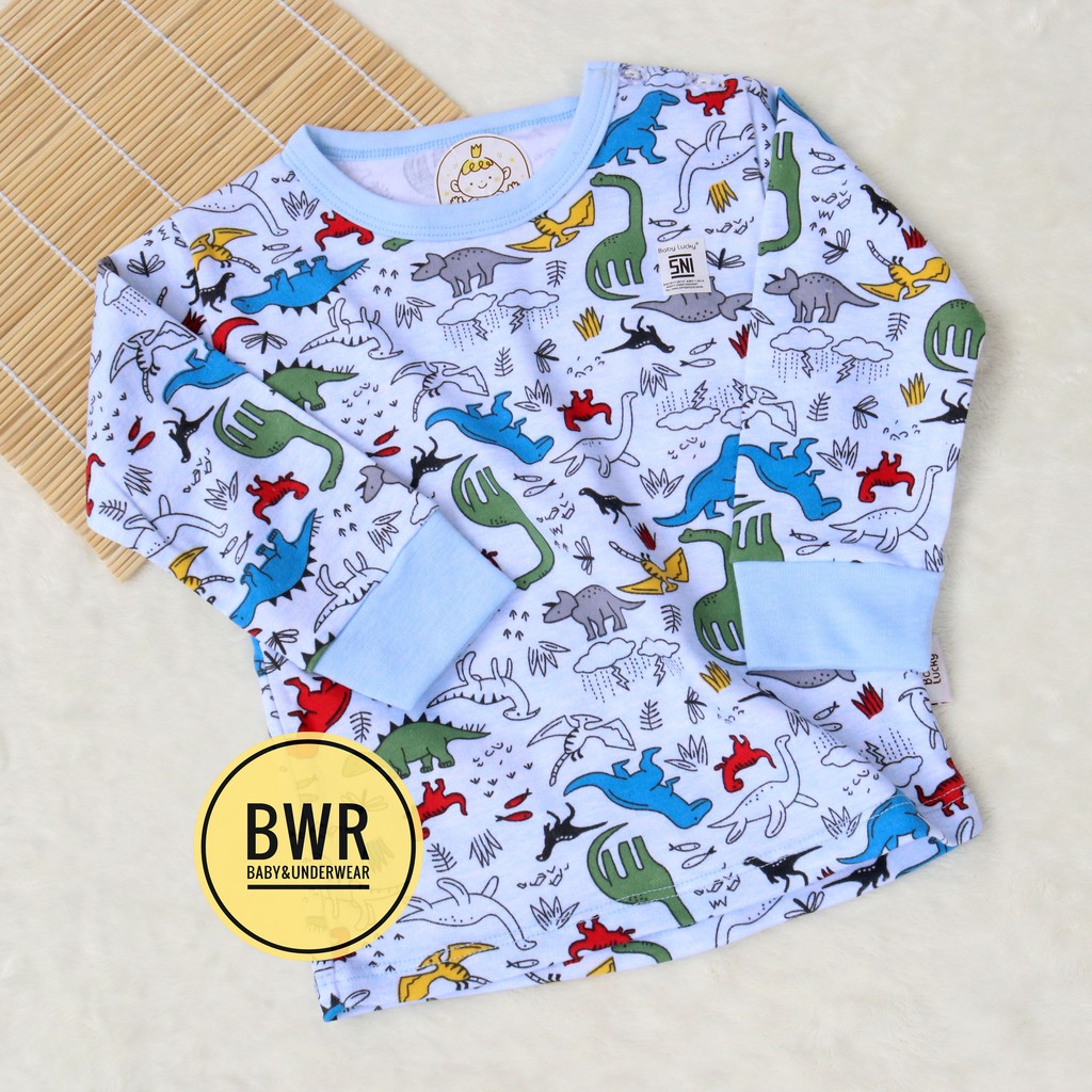 Setelan LUCKY PANJANG Motif DINO / Piyama Setelan Anak Unisex Kaos Celana Panjang | Bwr