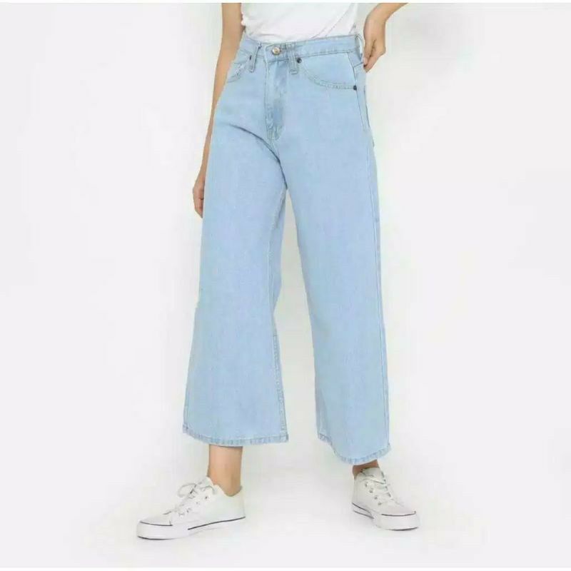 Celana kulot jeans wanita putih jins denim highwaist murah cewek cewe culote Lepis cutbray levis RWS-Kulotkolor LIGHT