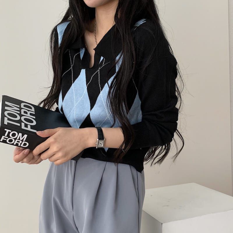 Sweater V Neck Ketupat Atasan Wanita Rajut Korea Style