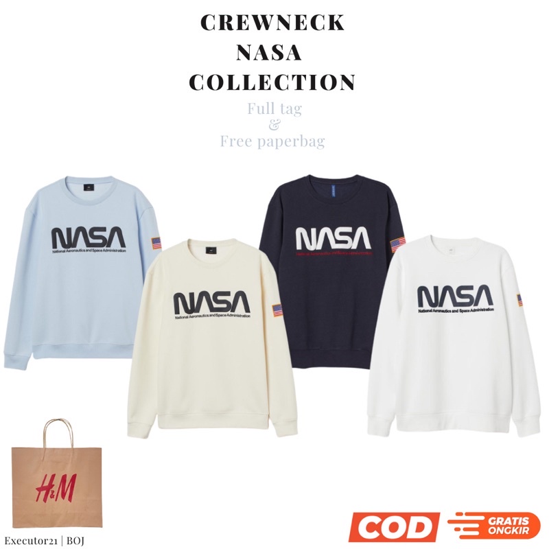 ( 8.8 ) Crewneck Sweatshirt H&amp;M Unisex Sablon Nasa Bordir Bendera Usa, Flecee Katun Lembut Tebal, Free Papperbag