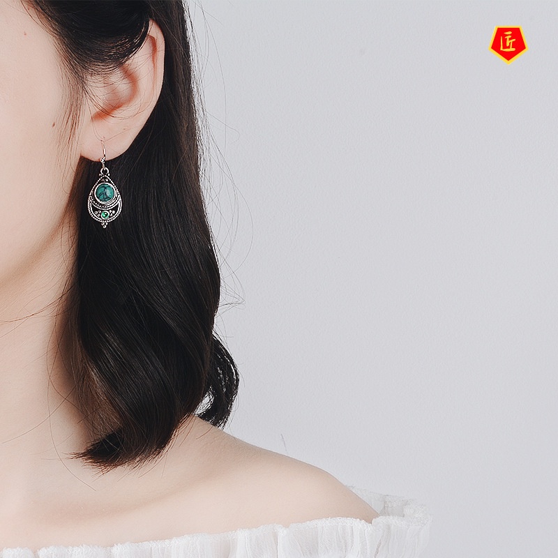 [Ready Stock]Silver Retro Fashion Turquoise Earrings