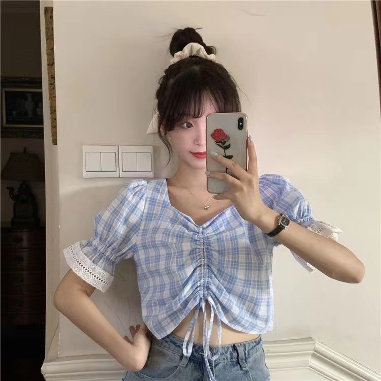 MOOGU ♡ Korea kotak-kotak lengan pendek blouse atasan wanita