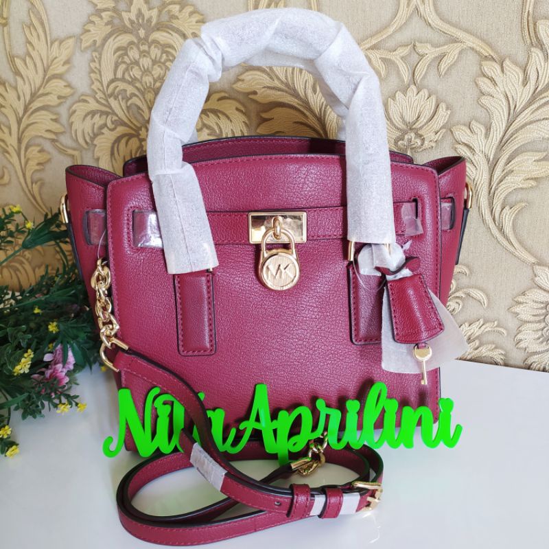 Tas MICHAEL KORS MK Hamilton Medium Satchel Merlot Red Leather Original