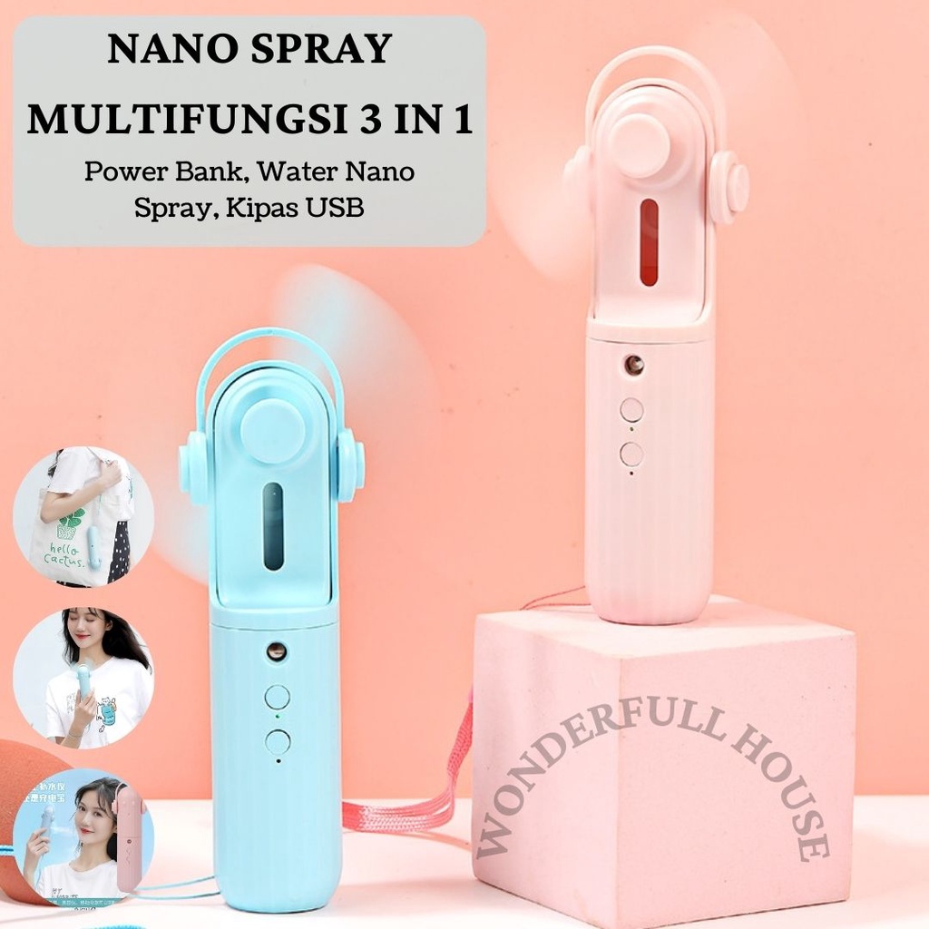 Kipas Angin Mini Nano Spray Powerbank Cute  3 in 1 Aksesories Mini Fan Tali Gantung Multifungsi