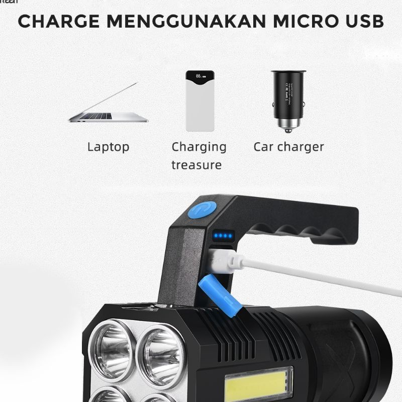 Senter Tangan 4*1w led + 10COB (25w+35w),merek Hose micro USB charging
