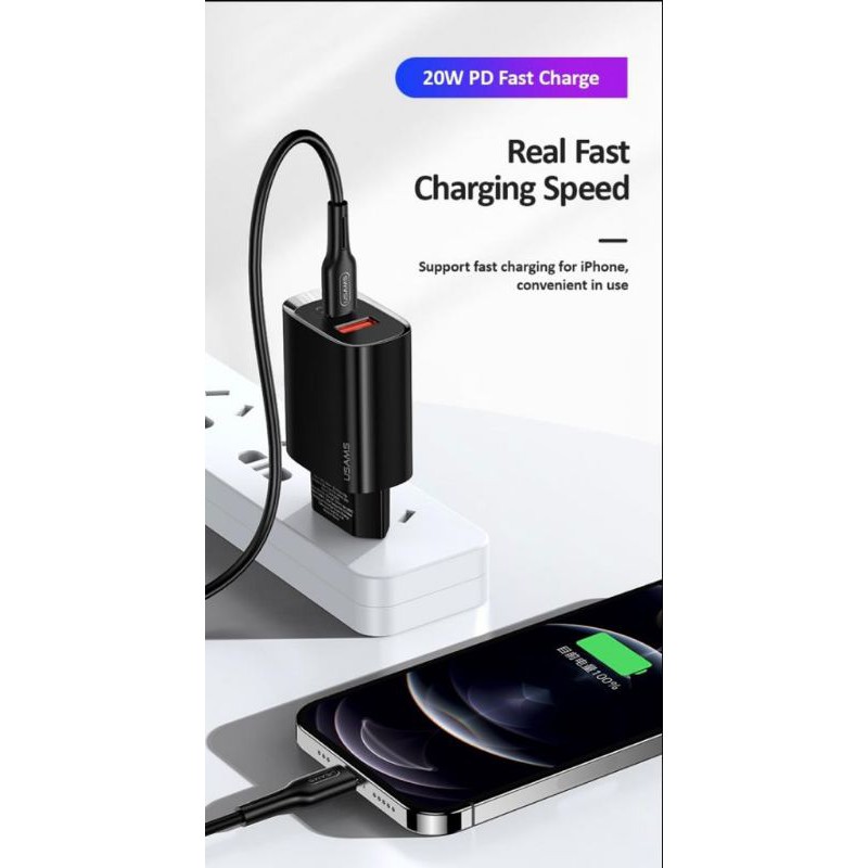 USAMS Adaptor Charger PD Fast Charging USB + Type C QC 3.0 20W