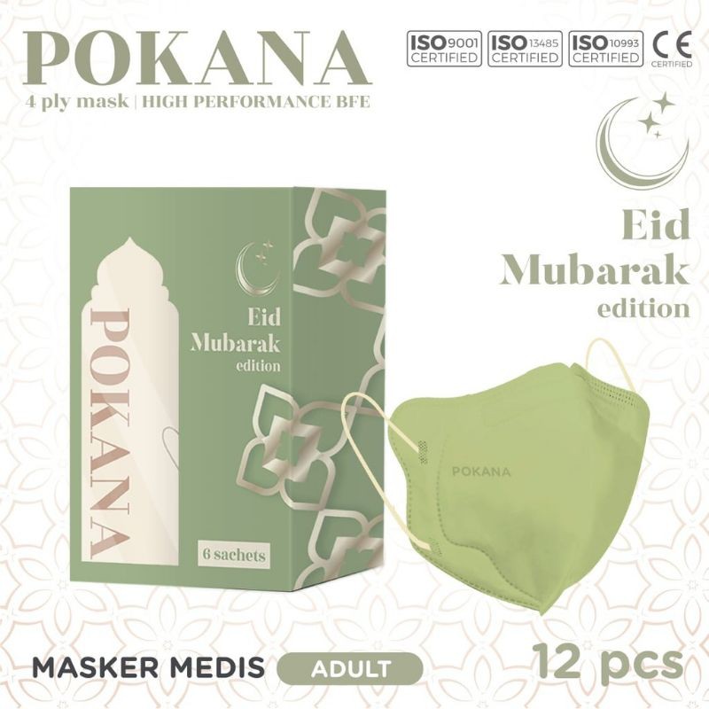 Pokana 3D 4ply Earloop per box edisi Eid Mubarak warna olive green