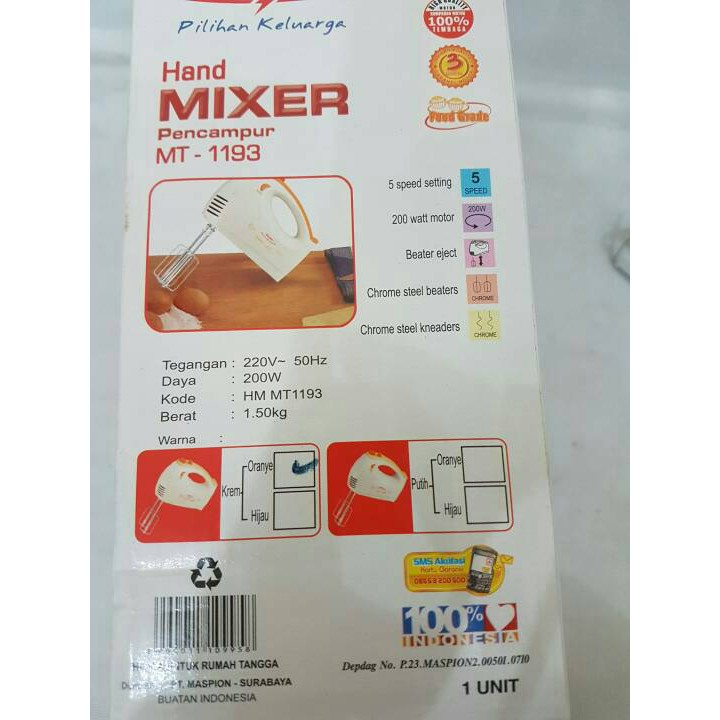 Maspion hand mixer 1193 /pencampur pengaduk adonan