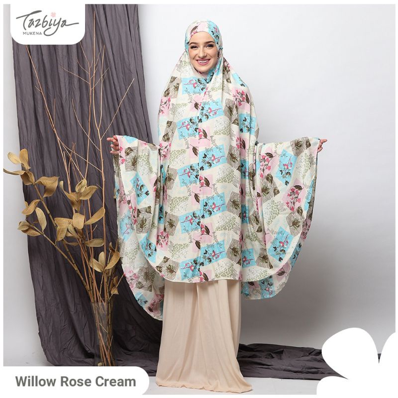 Mukena Tazbiya Willow Rose Pink Grey Jumbo Dewasa Katun Rayon Adem Motif Cantik Treveling