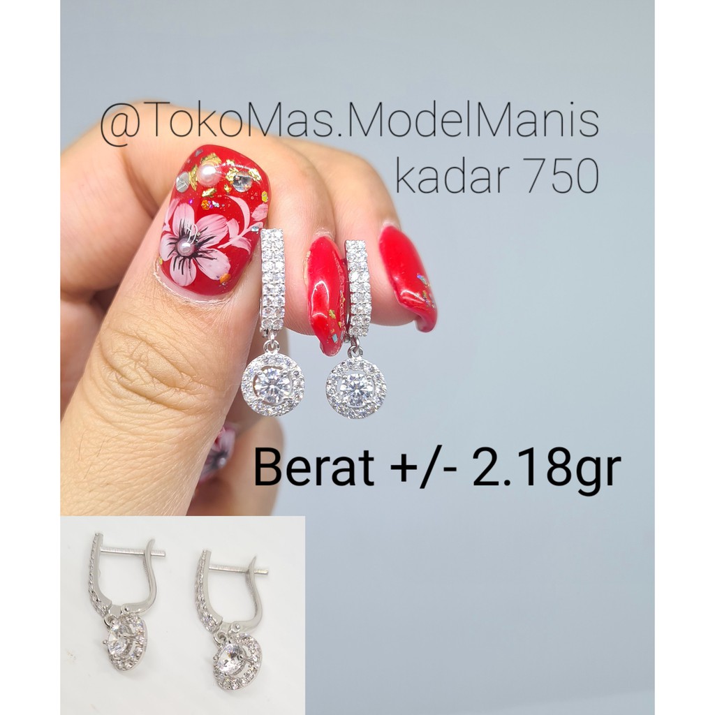 Anting emas putih 750 model jepit diamond looks emas putih asli kadar 750