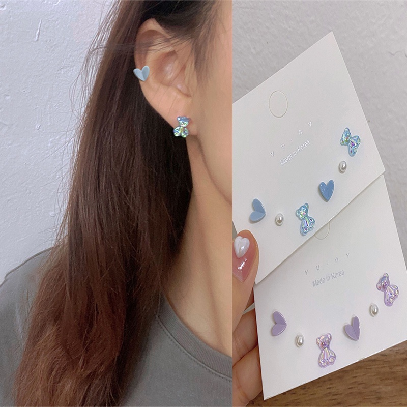 3 Pasang In S925 Sterling Silver Aurora Bear Keramik Cinta Anting-Anting | Warna Mutiara Musim Panas Ins Girl Ear Stud