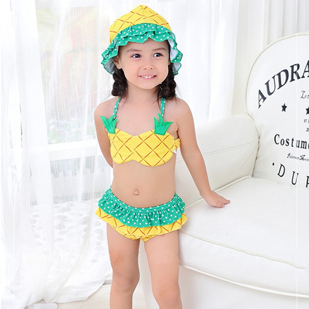 Set 3Pcs Bikini Two Pieces Dengan Bahan Breathable Dan Gambar Kartun Buah Nanas