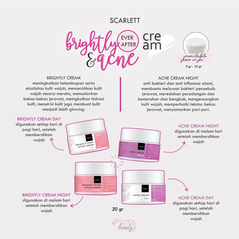 SCARLETT CREAM BRIGHTLY DAN ACNE | DAY CREAM | NIGHT CREAM | JERAWAT | MENCERAHKAN | FLEK | GLOWING