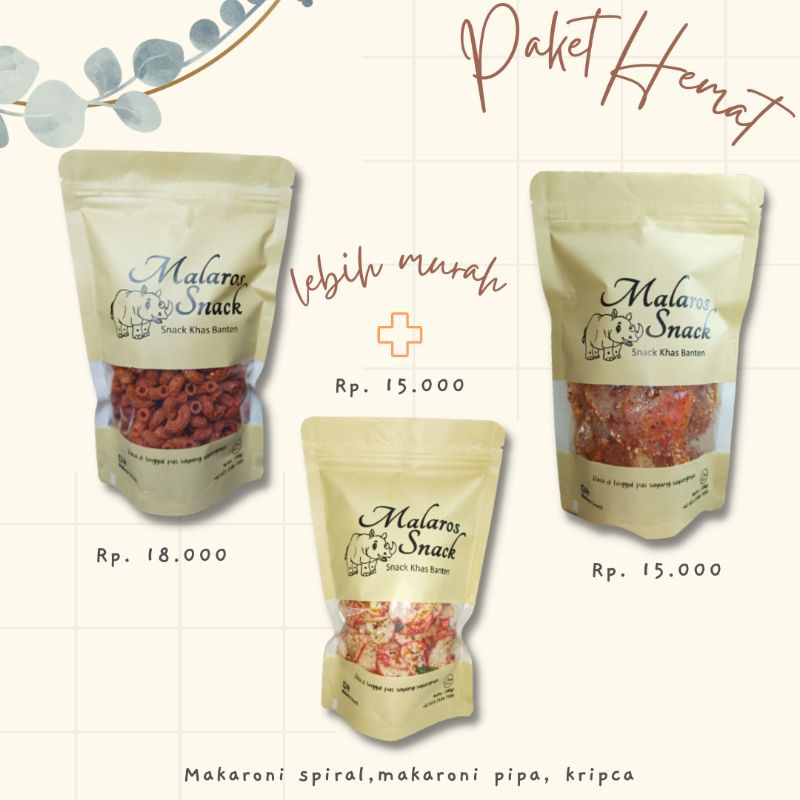 

PAKET HEMAT Makaroni Spiral 150gr/Makaroni Pipa 150gr/Kripca 100gr/snack khas Banten