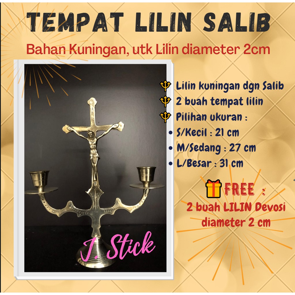 Tempat Lilin Salib, 2 Lilin - Kuningan, lilin diameter 2 cm