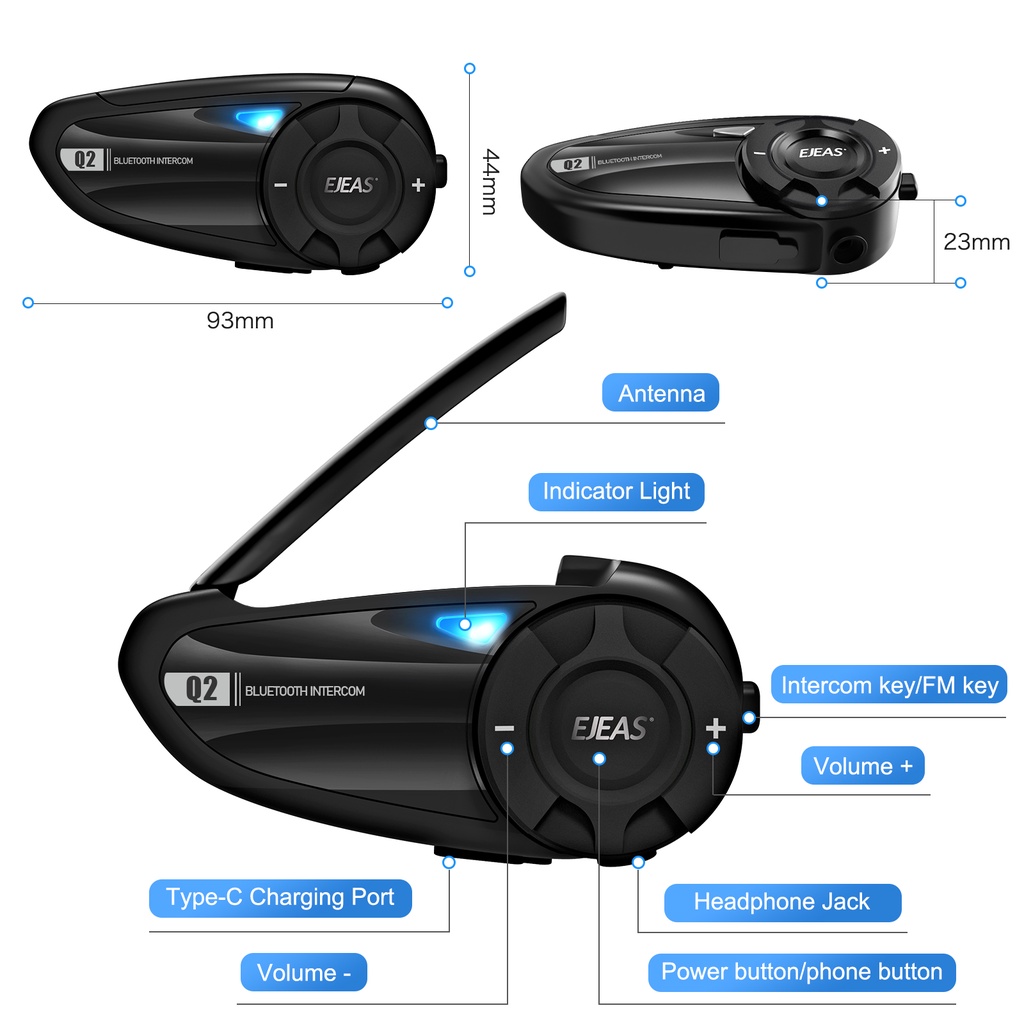 EJEAS Q2 Bluetooth Radio Intercom Helm 2 Rider Helmet Alt Q7 V4 V6 PRO