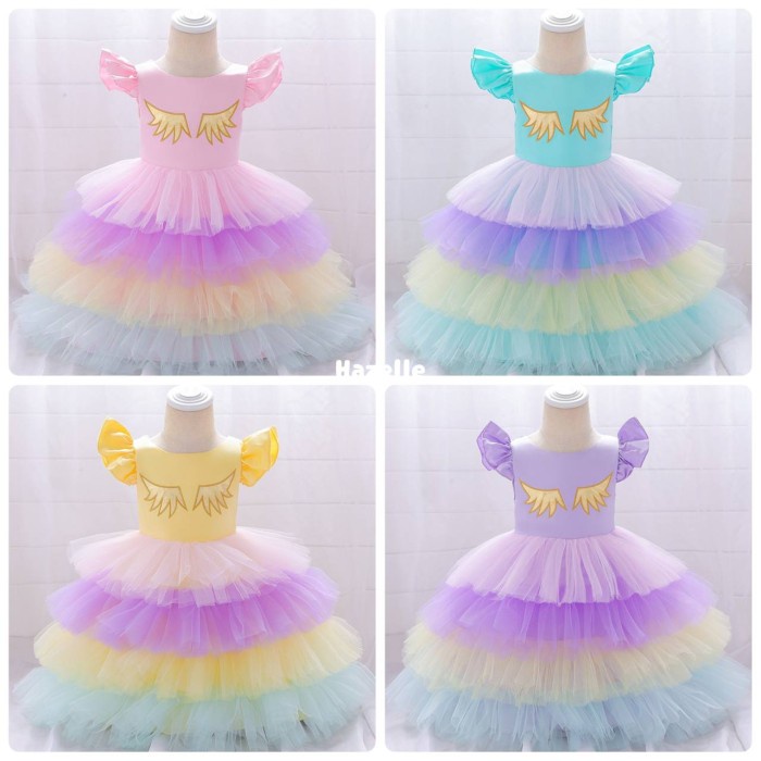 Gaun Anak - Dress Anak Pesta Ulang Tahun Unicorn Tutu Ruffle Import 1T-5T H027 - Kuning, 80