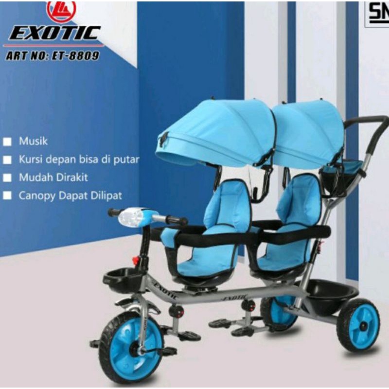 Sepeda Roda Tiga Anak Kembar Exotic ET-8809 Musik Lampu Kanopy Jok Putar