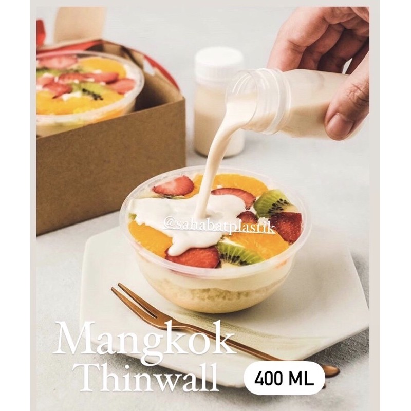 25PCS MANGKOK PLASTIK THINWALL 400ML + TUTUP (Kotak Makan Bulat Tempat Cake Packaging Cup Salad)
