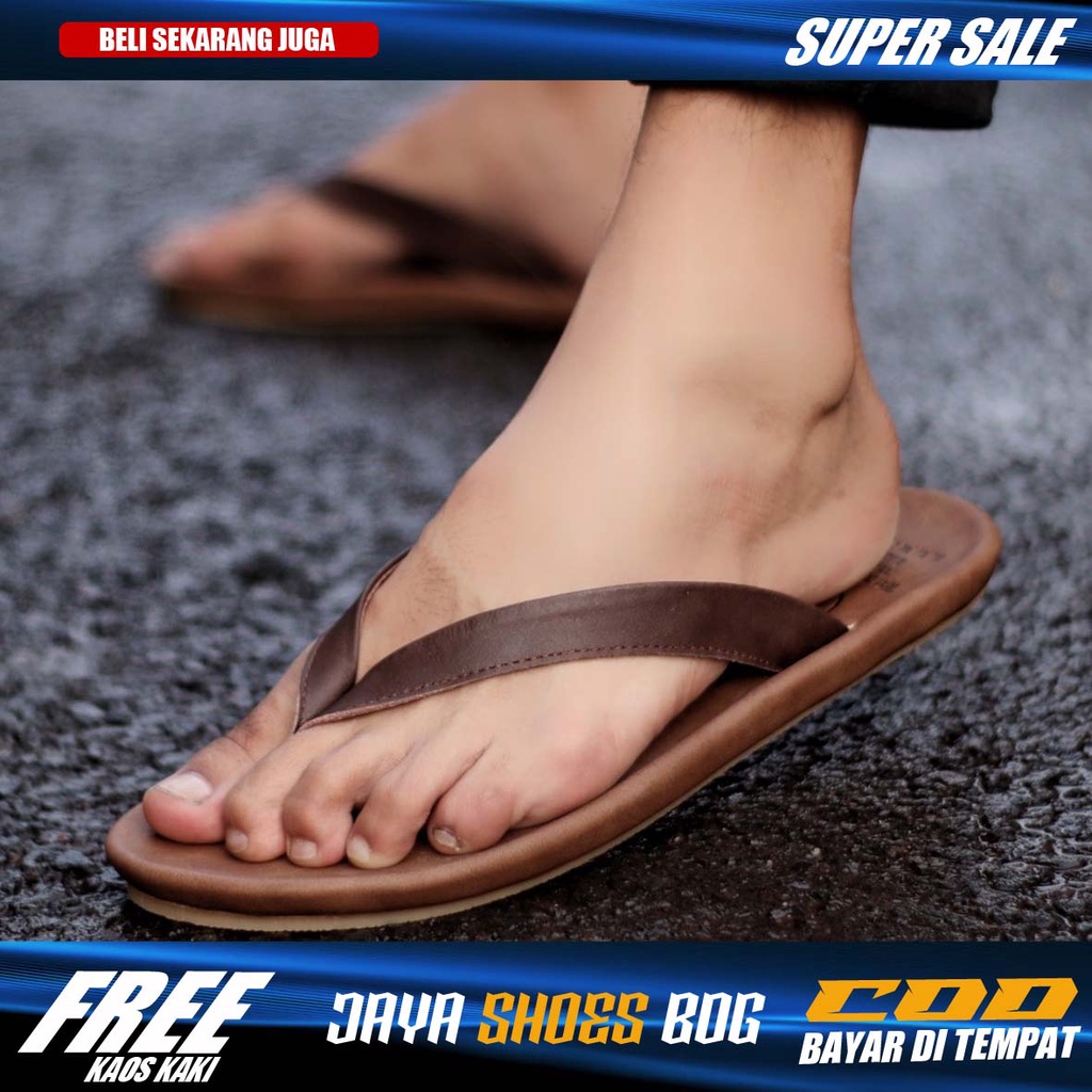 Sandal Kasual Jepit Pria Bahan Kulit Asli Sendal Cowok Ringan Nyaman Original Distro