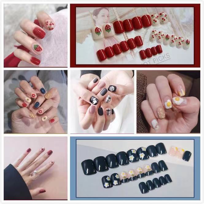 Tempelan 24Pcs/Set Kuku Palsu Imitasi berikut lem D60 nail Nail Art Nail Care kuku palsu 3d