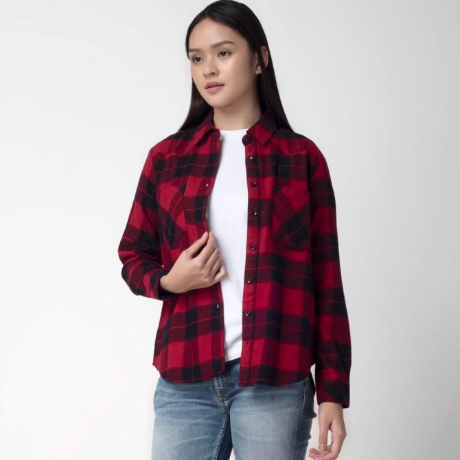 KEMEJA 207-11462 WANITA FLANNEL LENGAN BENHILL PANJANG KOTAK MERAH DFGD65465