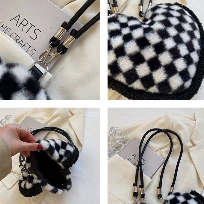 [littlecrab] Tas Love Hitam Putih Bulu Model Catur Zebra Bunga Monokrom Tas Bahu Bulu Lembut Cute Love Woman Bag Fluffy Black White Chess Flower Tas Berkualitas Korean Style