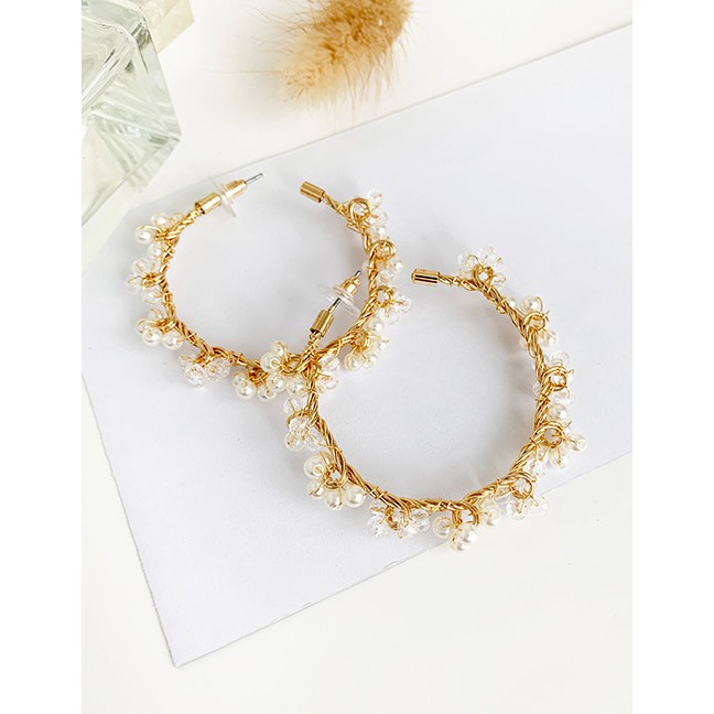 LRC Anting Tusuk Fashion Gold Alloy Artificial pearl C-shaped Earrings  D48844