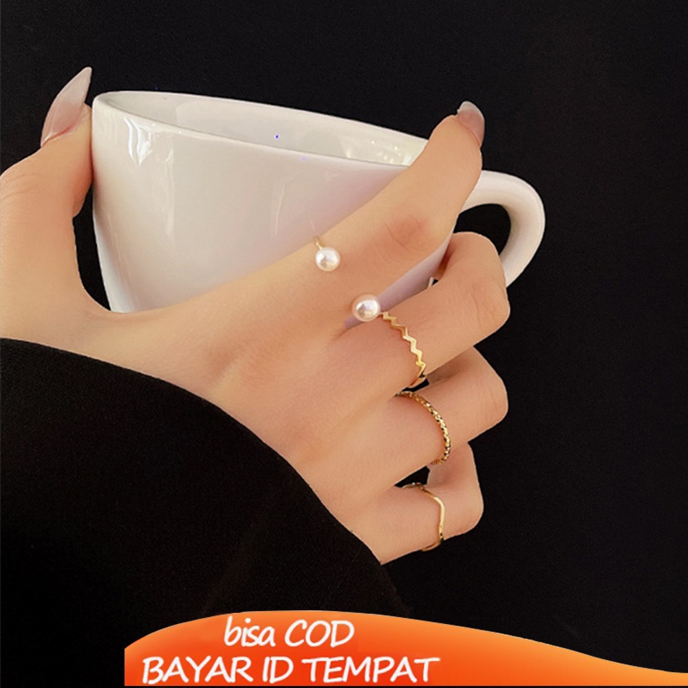 COD❤️4 Pcs/set Korea Cincin Emas Untuk Wanita Sederhana Mutiara Elegan Cincin Set Dapat Disesuaikan Terbuka Perhiasan Hadiah Fashion Aksesoris Murah