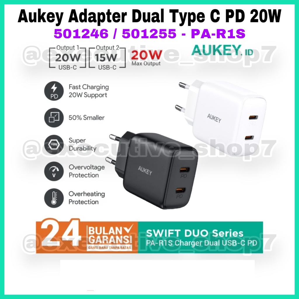 Aukey Adapter Dual Type C PD - 20W - SKU : 501246 / 501255 / 501726 - PA-R1S - Garansi Resmi 2 Tahun