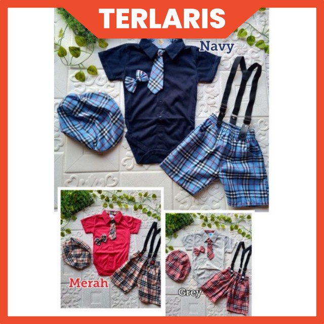 [3-18M] 6in1 Baju setelan jumper celana dasi pergi jalan lucu bestseller fashion anak bayi cowok murah / setelan jumper tuxedo 6in1 set jumper baby boy lucu / hampers baby cowok murah / setelan jumper bayi suspender topi dasi