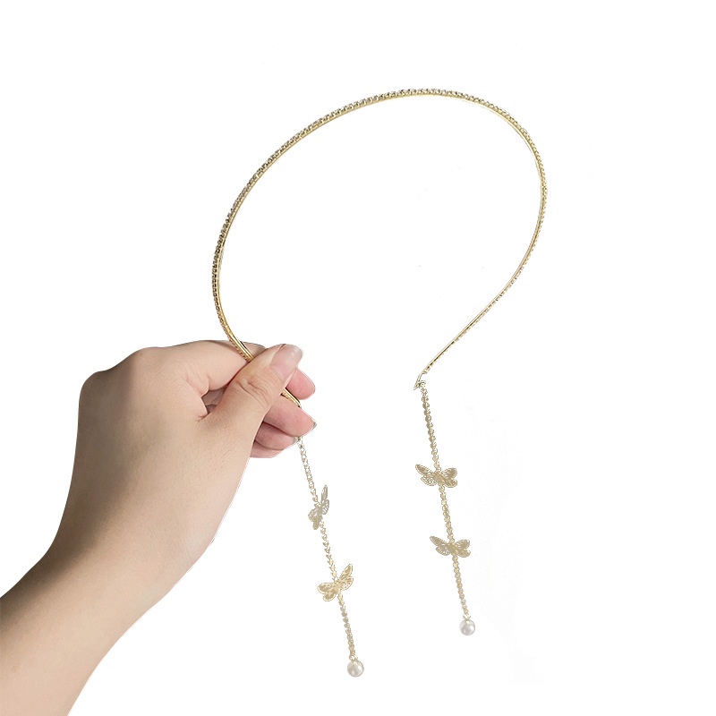 Pearl Butterfly Tassel Headband for Women Rhinestone Alloy Hairband Girl Wedding Crystal Hair Accessories