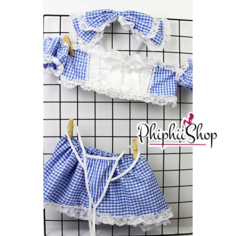 Set Lingerie Sexy Bikini &amp; Rok &amp; Bando Model Maid Ribbon Biru Eropa