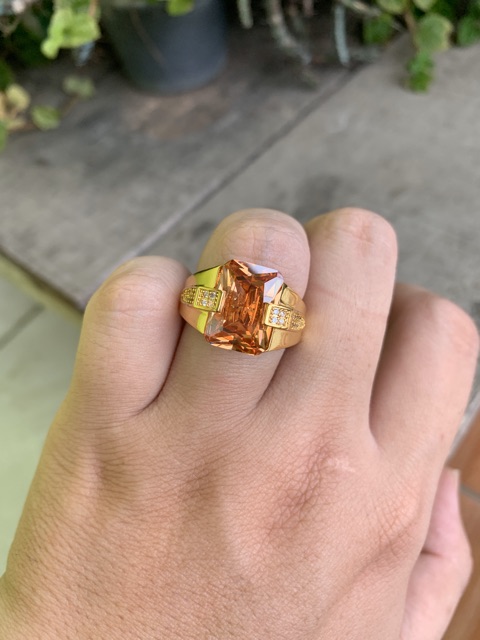 Cincin Pria Mewah Batu Kecubung Teh Smoky Quartz Champagne Kantoran Ring Gold Filled