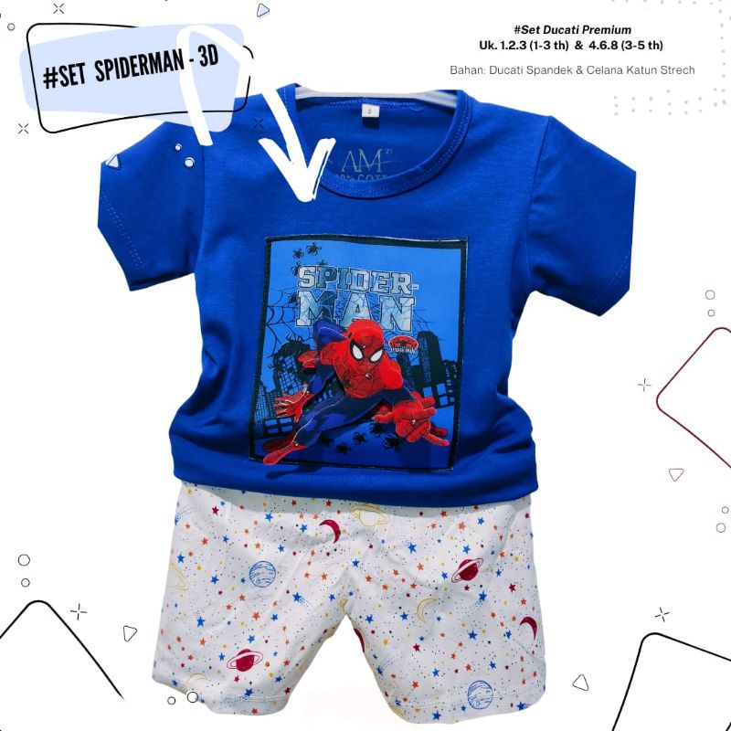 Setelan 3D anak laki-laki &quot;Spiderman 3D &quot; Size 1-5th bahan Ducati Katun Spandek Premium