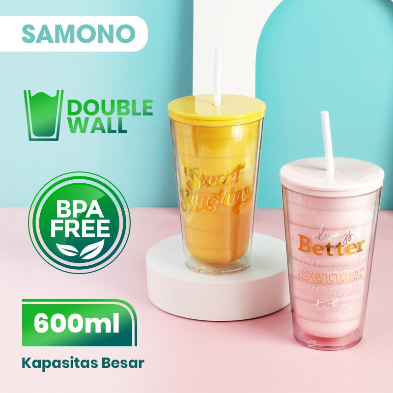 Kuning Botol Minum Tumbler 2 Lapis Wall dengan Sedotan 600ml BPA Free Anti Pecah SAMONO SC002 ORI