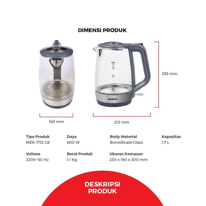 MASPION ELECTRIC KETTLE MEK-1712GS TEKO LISTRIK KACA 1,7 LITER
