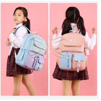 TAS SEKOLAH RANSEL ANAK SD/SMP/SMA CEWEK WARNA SOFT PASTEL CANTIK LUCU WATERPROOF (TAHAN AIR) 202 ukuran 18 big HADIAH GANTUNGAN-2
