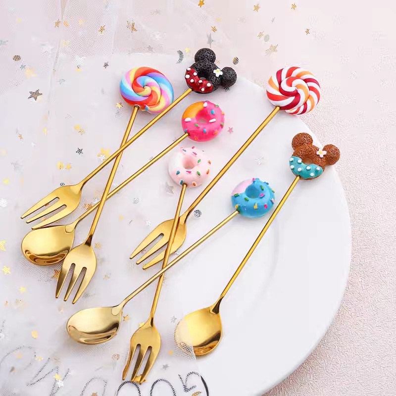 SENDOK GARPU TEH KOPI KUE DESSERT DISNEY SET / SENDOK GARPU STAINLESS STEEL LUCU MEWAH ELEGANT ESTETIK BENTUK DONAT MICKEY MINNIE KOREA / TEA SPOON / DESSERT FORK SPOON / COFFEE SPOON