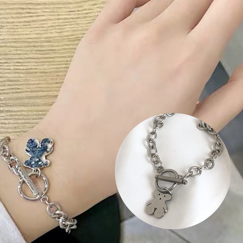 Korean Gelang Bahan Titanium Steel Desain Beruang Gaya Hip Hop Gelang Untuk Pasangan